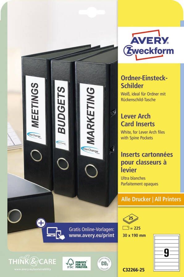 AVERY Insteekkaarten voor ordnerrug 30 x 190 mm wit Inkjetprinter Laserprinter Kopieerapparaat C32266-25