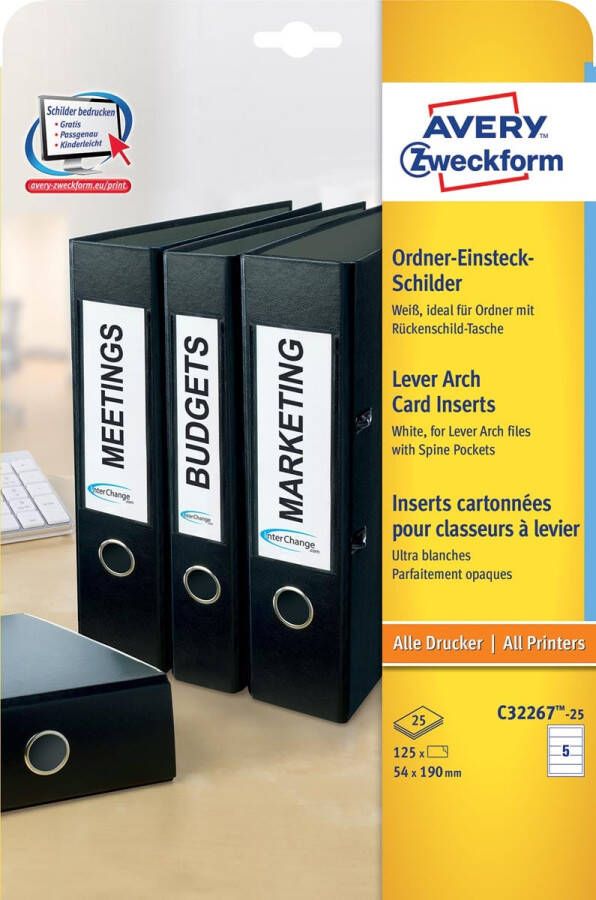 AVERY Insteekkaarten voor ordnerrug 54 x 190 mm wit Inkjetprinter Laserprinter Kopieerapparaat C32267-25