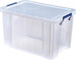 Bankers Box opbergdoos 26 liter transparant met blauwe handvaten per stuk verpakt in karton