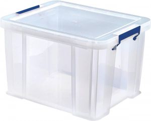 Bankers Box opbergdoos 36 liter transparant met blauwe handvaten per stuk verpakt in karton