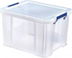 Bankers Box opbergdoos 36 liter transparant met blauwe handvaten set van 3 stuks verpakt in karton