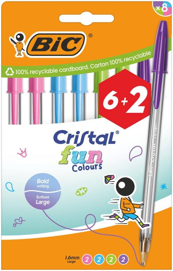 Bic balpen Cristal Fun geassorteerde kleuren etui van 6 + 2 gratis