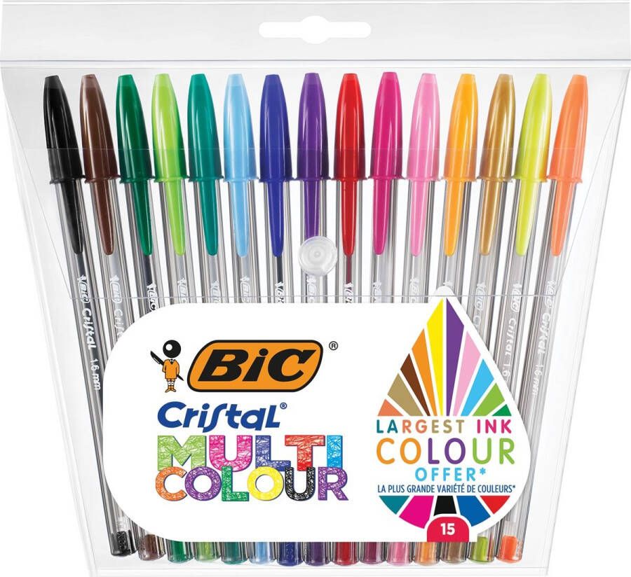 Bic balpen Cristal Multicolour etui van 15 stuks in geassorteerde kleuren