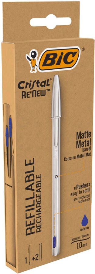 Bic balpen Cristal Re-new zilveren lichaam blauwe inkt doos met 1 stuk en 2 navullingen