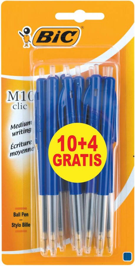Bic balpen M10 Clic 0 4 mm medium punt bleu blister 10 stuks + 4 gratis