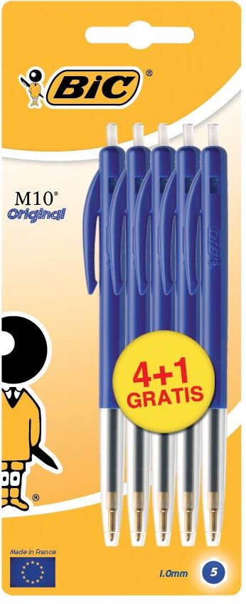 Bic balpen M10 Clic schrijfbreedte 0 4 mm medium punt blauw blister 4 + 1 gratis