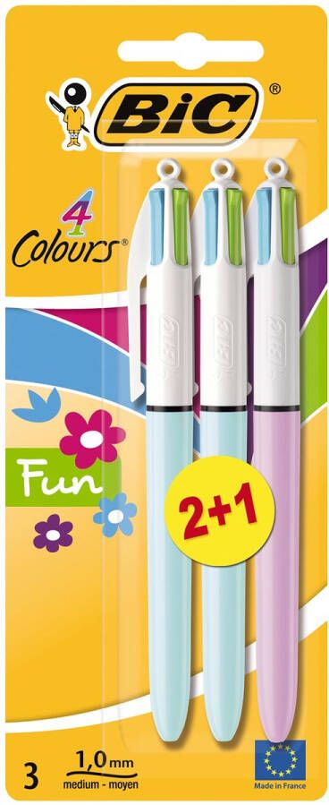 Bic Colours Fun 4-kleurenbalpen medium pastel inktkleuren blister van 2+1 gratis