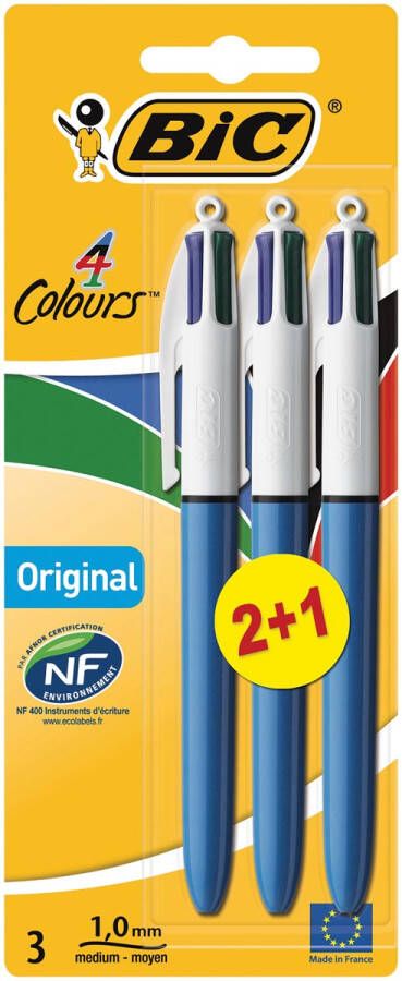 Bic Colours Original 4-kleurenbalpen medium klassieke inktkleuren blauw op blister 2+1 gratis