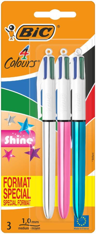 Bic Colours Shine 4-kleurenbalpen medium klassieke inktkleuren blister van 3 stuks