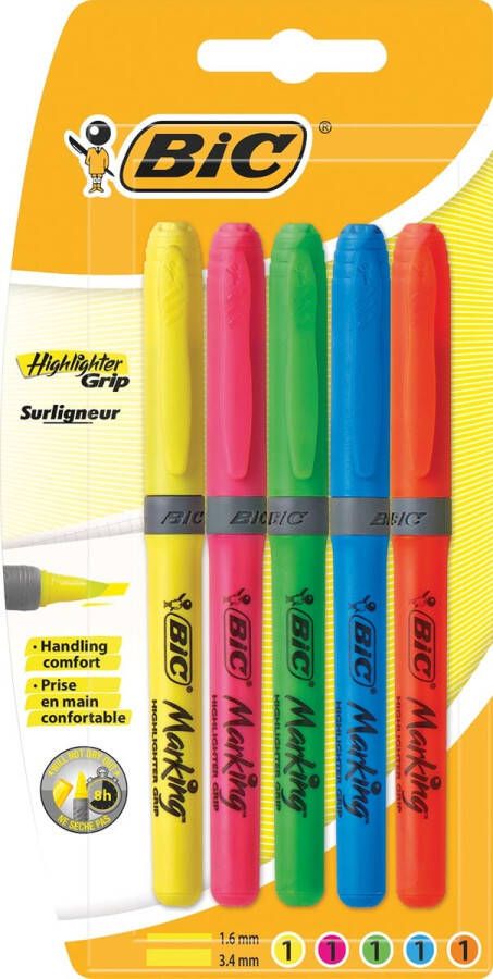 Bic markeerstift Highlighter Grip blister van 5 stuks in geassorteerde kleuren