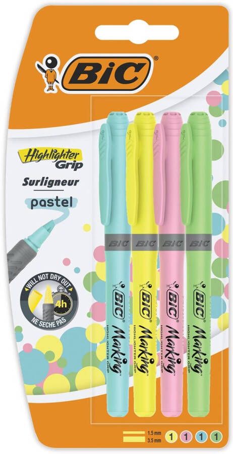 Bic markeerstift Highlighter Grip Pastel blister van 4 stuks in geassorteerde kleuren