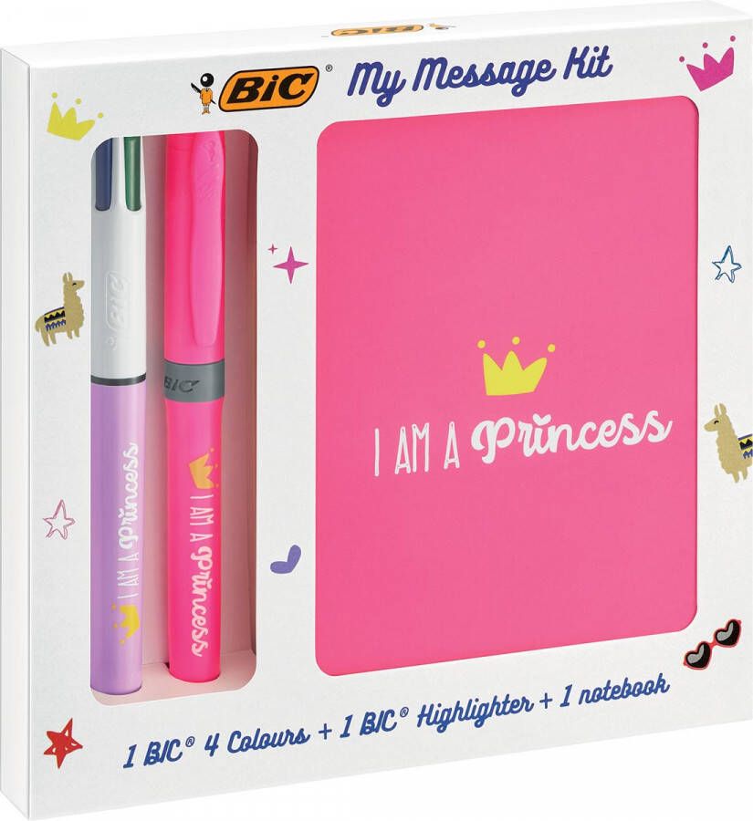 Bic Message Kit Princess balpen 4 colours markeerstift highlighter en notitieboekje ft A6