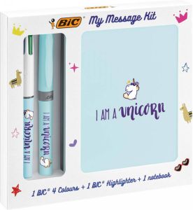 Bic Message Kit Unicorn balpen 4 colours markeerstift highlighter en notitieboekje ft A6