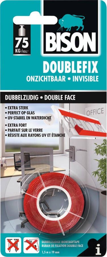 Bison dubbelzijdige plakband ft 19 mm x 1 5 m transparant