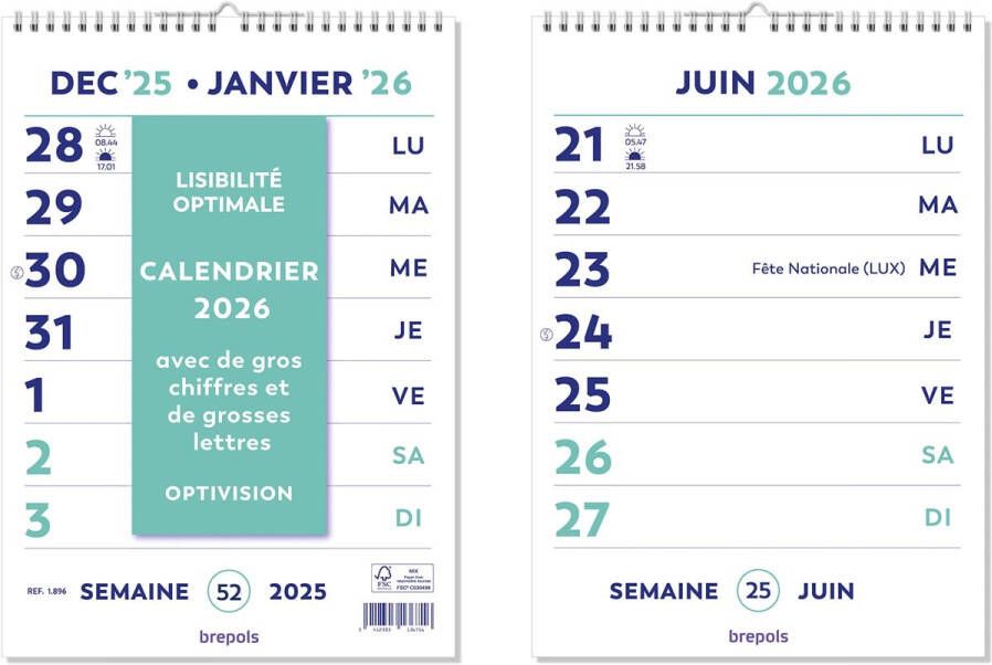 Brepols Optivision Wand-week kalender Franstalig 2026