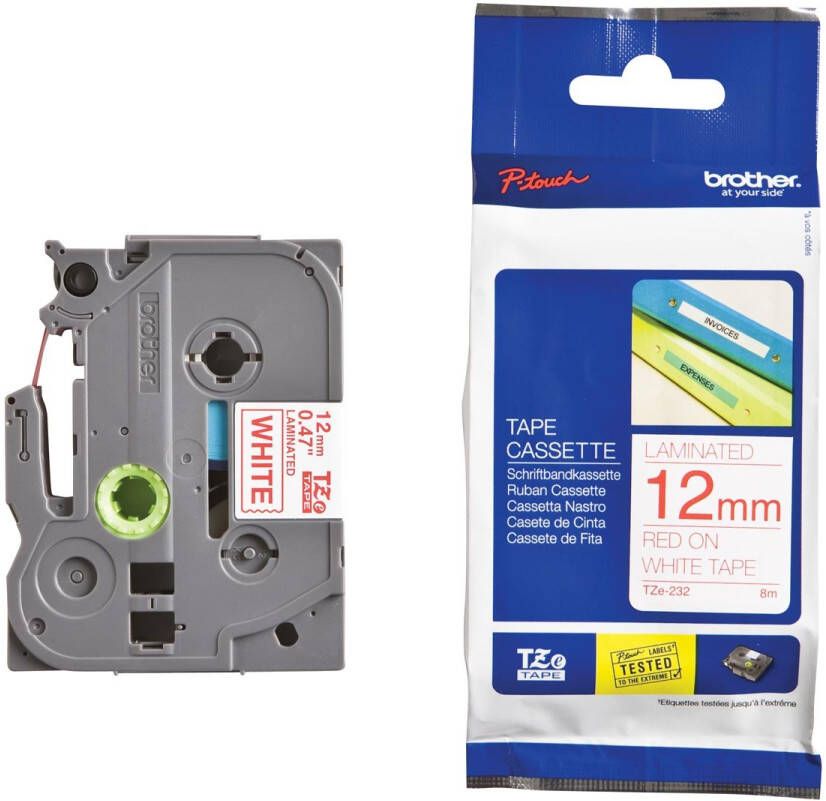 Brother TZe tape voor P-Touch 12 mm rood op wit