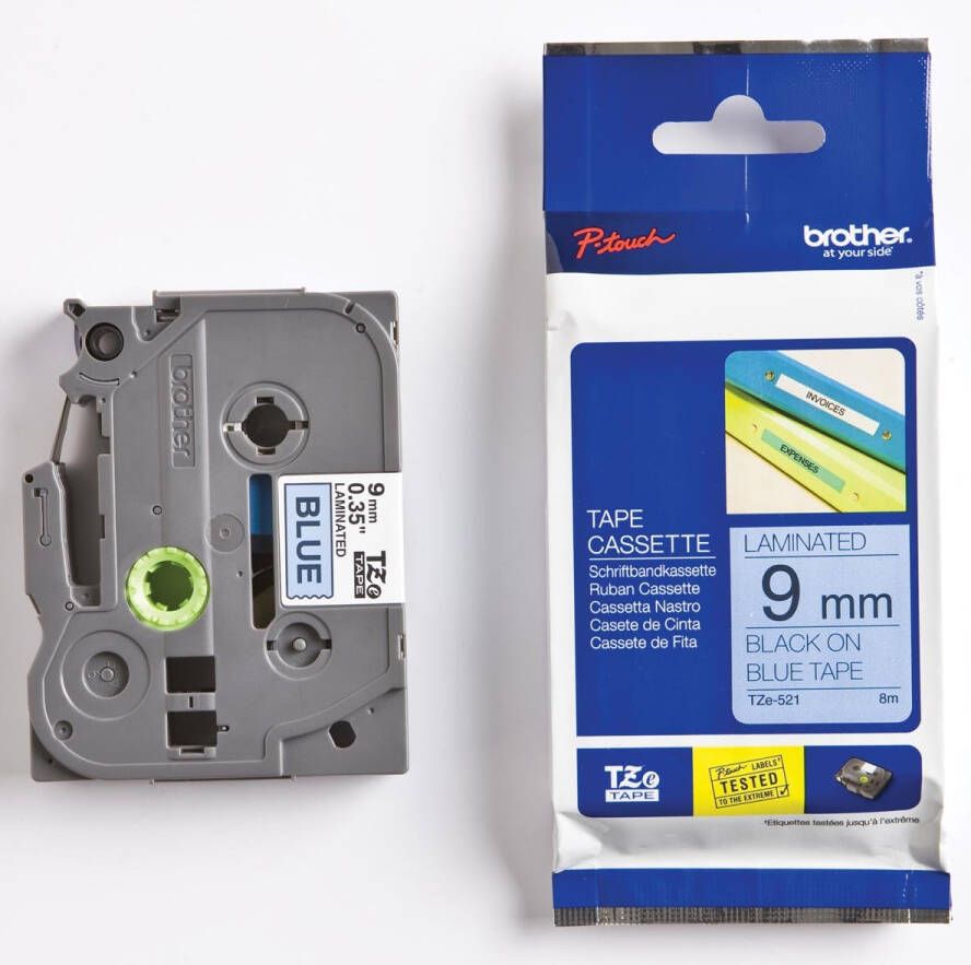 Brother Labeltape P touch TZE521 9mm zwart op blauw