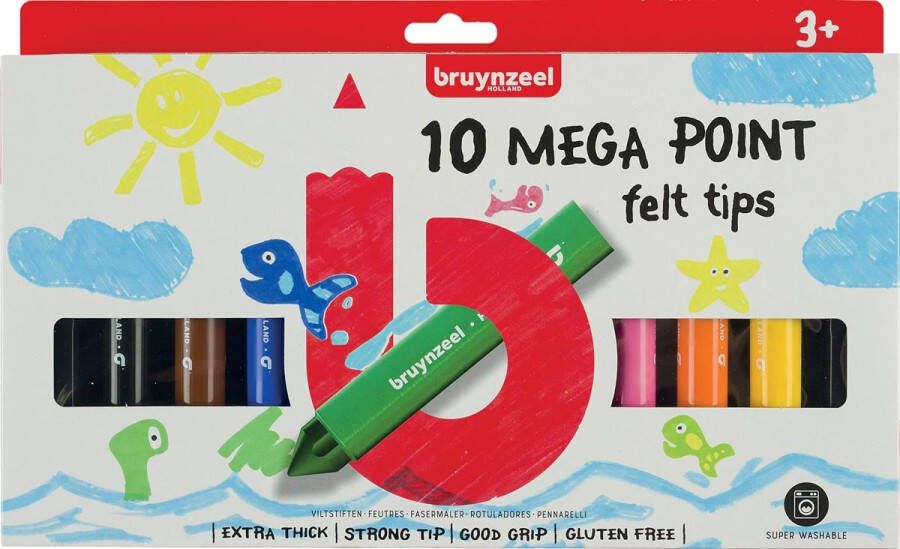 Bruynzeel Kids viltstiften Mega Point blister van 10 geassorteerde kleuren