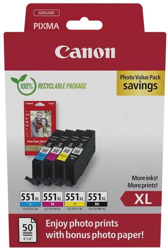 Canon photo value pack CLI-551XL 660 pagina&apos;s OEM 6443B008 4 kleuren