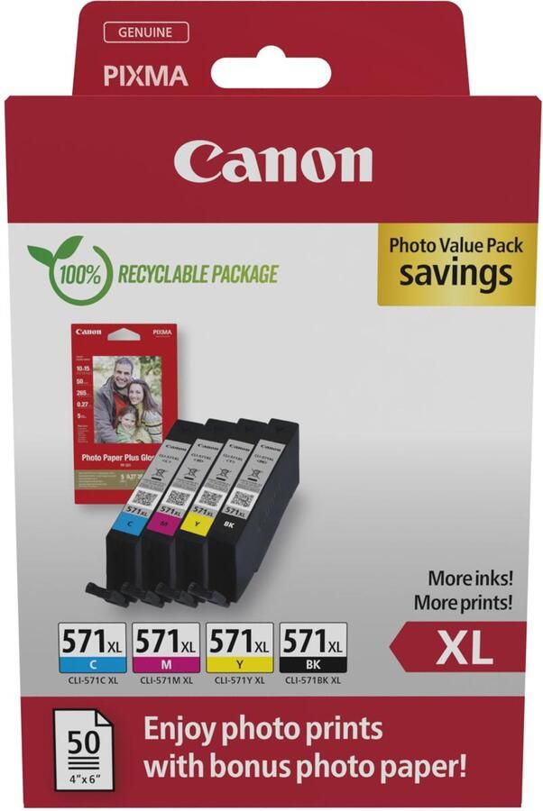 Canon photo value pack CLI-571XL 375 895 foto&apos;s OEM 0332C006 4 kleuren