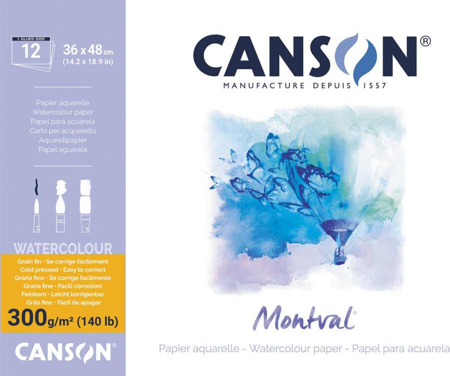 Canson Montval aquarelpapier wit met fijne korrel 300 g m² ft 36 x 48 cm blok met 12 vellen