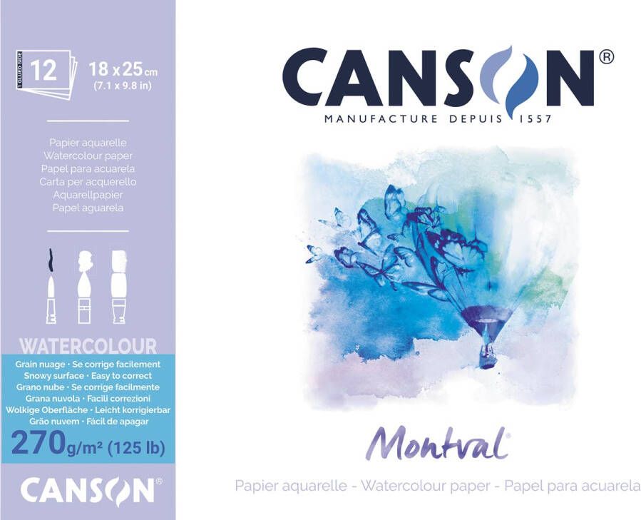 Canson Montval aquarelpapier wit met grove korrel 270 g m² ft 18 x 25 cm blok met 12 vellen