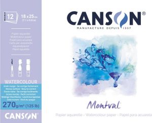 Canson Montval aquarelpapier wit met grove korrel 270 g mÂ² ft 18 x 25 cm blok met 12 vellen