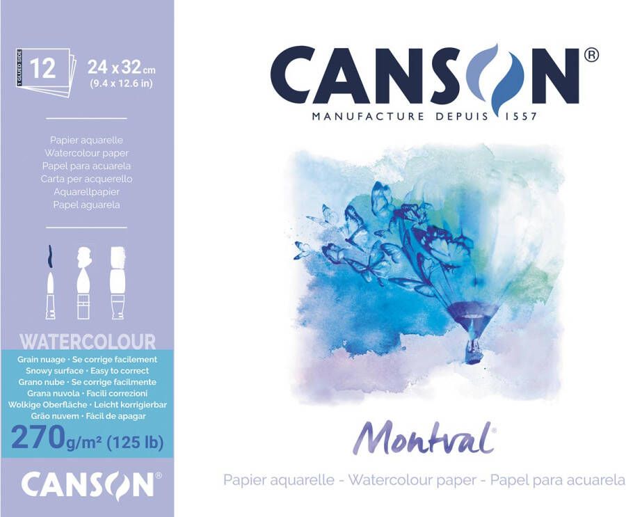Canson Montval aquarelpapier wit met grove korrel 270 g mÂ² ft 24 x 32 cm blok met 12 vellen