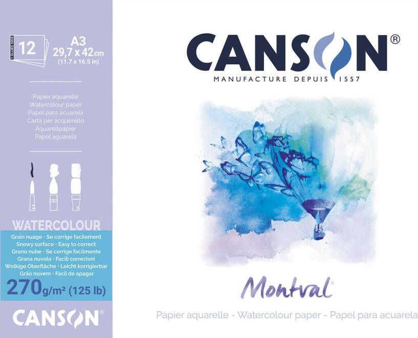 Canson Montval aquarelpapier wit met grove korrel 270 g mÂ² ft A3 blok met 12 vellen