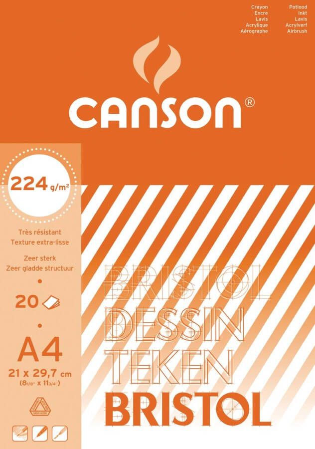 Canson tekenpapier Bristol 224 g ft 21 x 29 7 cm A4 blok van 20 vel
