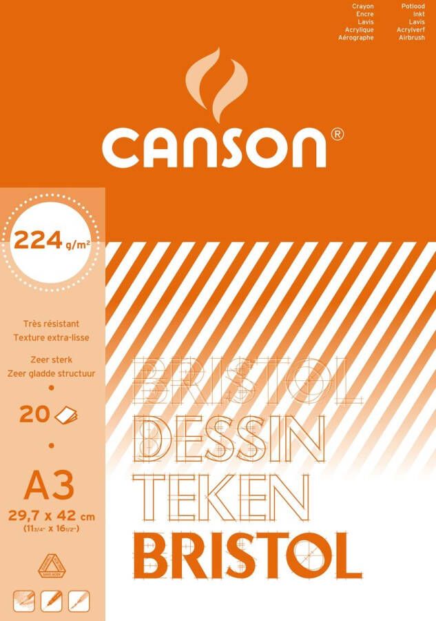 Canson tekenpapier Bristol 224 g ft 29 7 x 42 cm A3 blok van 20 vel