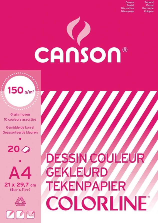 Canson tekenpapier Colorline 150 g ft 21 x 29 7 cm A4 geassorteerde kleuren blok van 20 vel