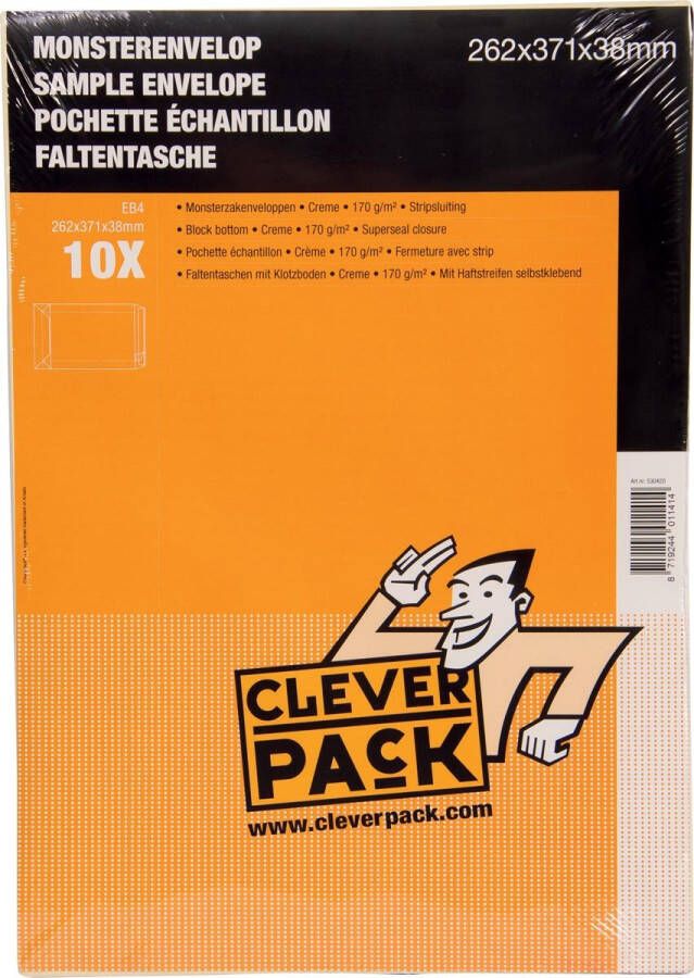 Cleverpack monsterenveloppen ft 262 x 371 x 38 mm met stripsluiting crÃ¨me pak van 10 stuks