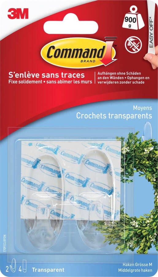 Command decohaak medium draagvermogen 900 gram transparant blister van 2 stuks