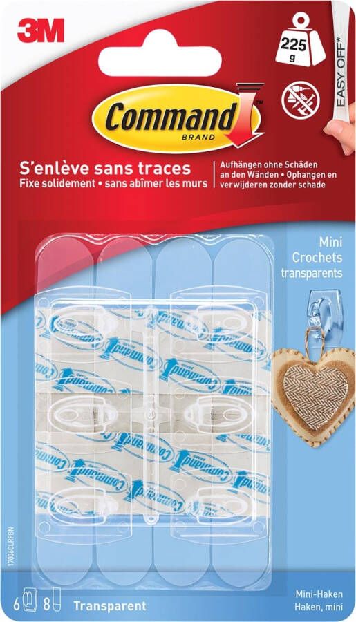 Command decohaak small draagvermogen 225 gram transparant blister van 6 stuks