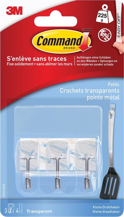 Command decohaak small draagvermogen 225 gram transparant met metalen draadeinde blister van 3 stuks