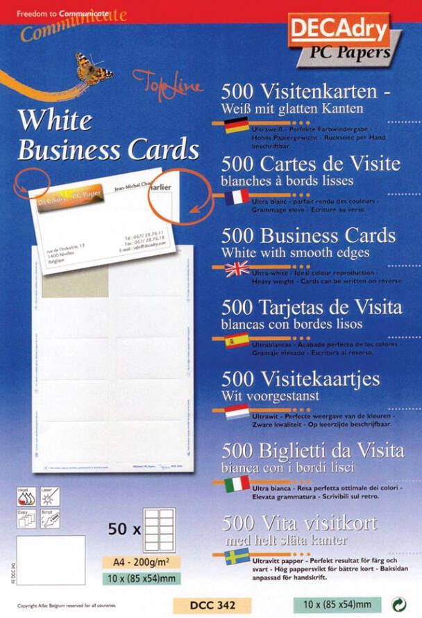 Decadry visitekaarten TopLine 500 kaartjes (10 kaartjes ft 85 x 54 mm per A4) rechte hoeken