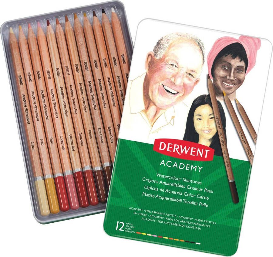 Derwent aquarelpotlood Academy blik van 12 stuks in geassorteerde huidtinten