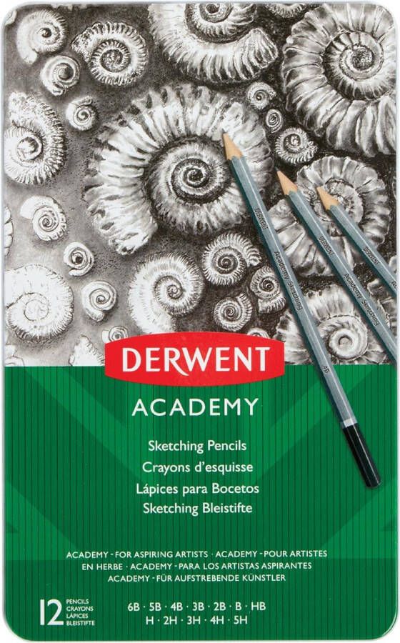Derwent grafietpotlood Academy blik van 12 stuks: 6B-5B-4B-3B-2B-B-HB-H-2H-3H-4H-5H