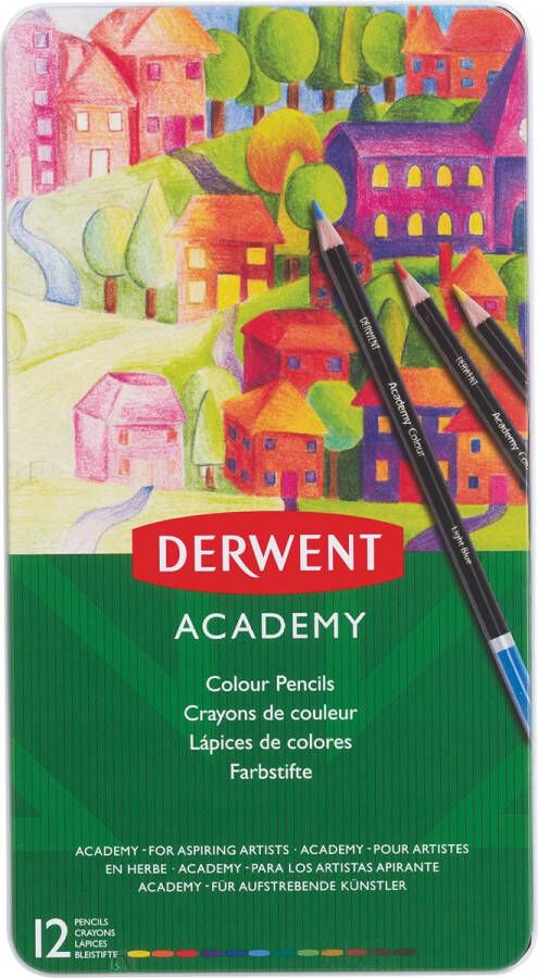 Derwent kleurpotlood Academy blik van 12 stuks in geassorteerde kleuren