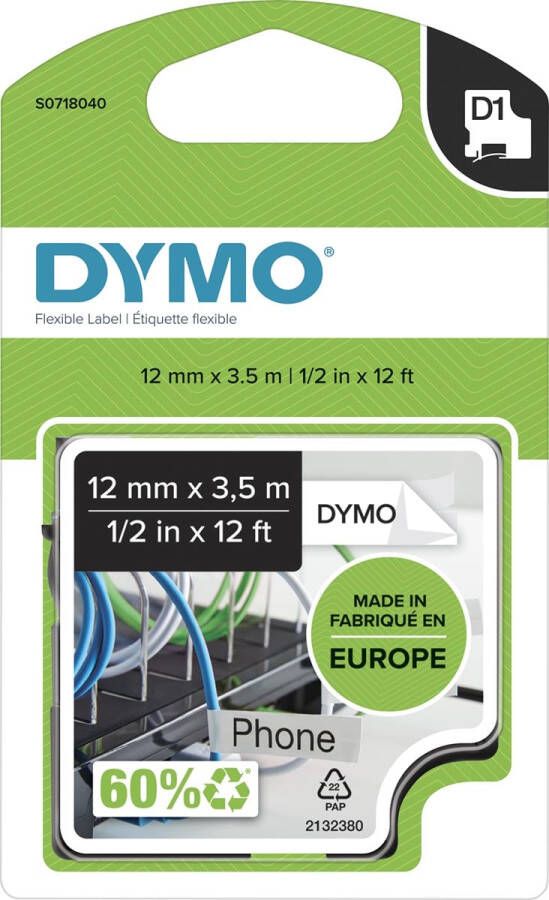 Dymo Labeltape 16953 D1 718040 12mmx3.5m nylon zwart op wit