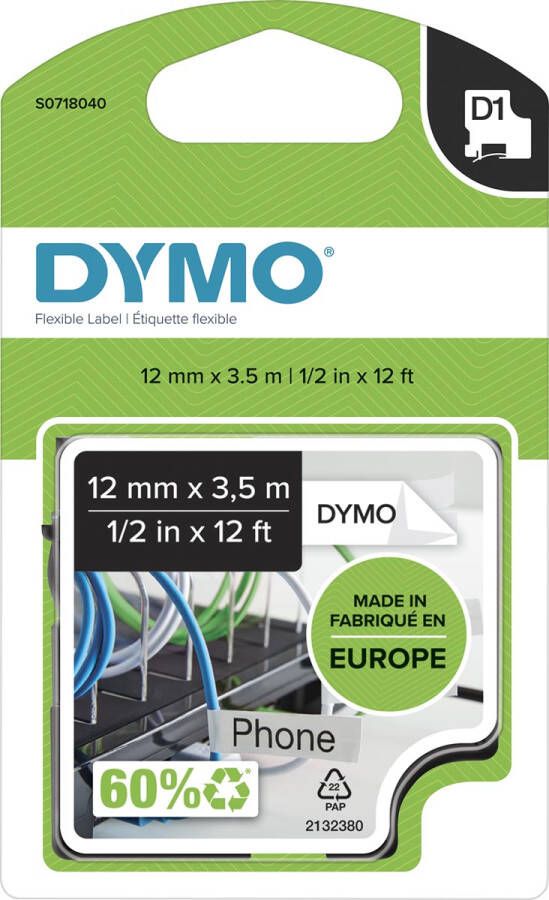 Dymo D1 flexibele nylontape 12 mm zwart op wit