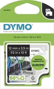 Dymo Labeltape 16957 D1 718040 12mmx3.5m nylon zwart op wit