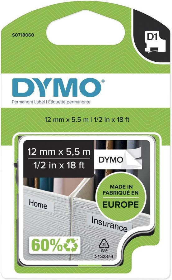 Dymo Labeltape LabelManager D1 polyester 12mmx5.5m zwart op wit