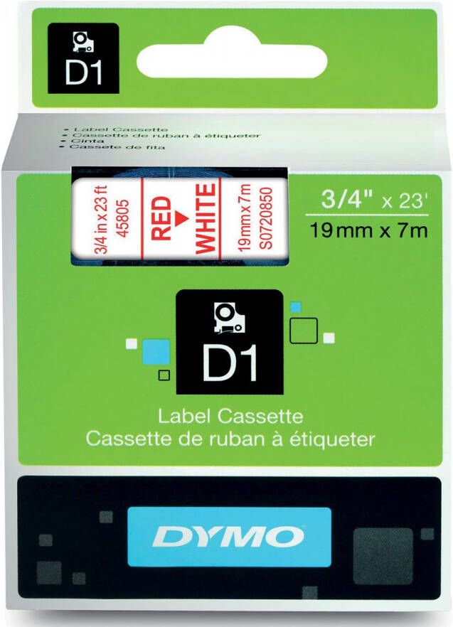 Dymo D1 permanente polyestertape 19 mm rood op wit