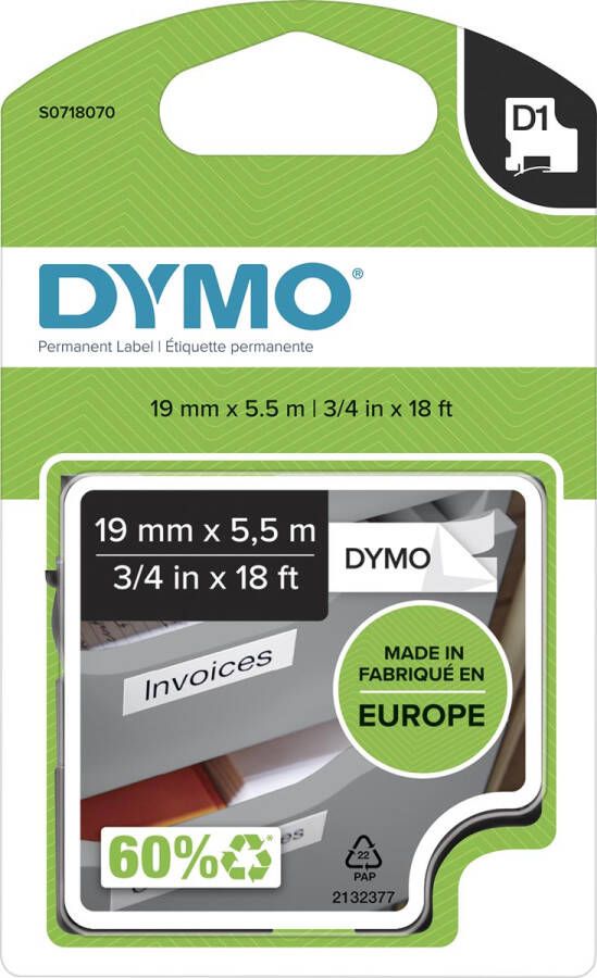 Dymo D1 permanente polyestertape 19 mm zwart op wit