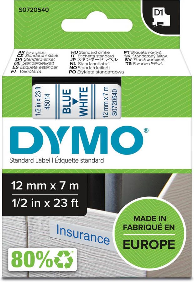 Dymo D1 tape 12 mm blauw op wit