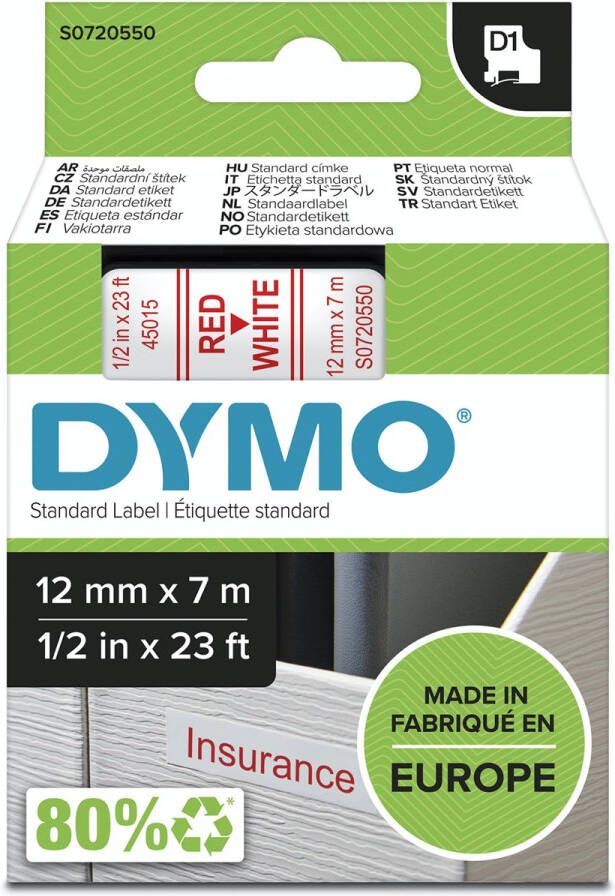 Dymo D1 tape 12 mm rood op wit