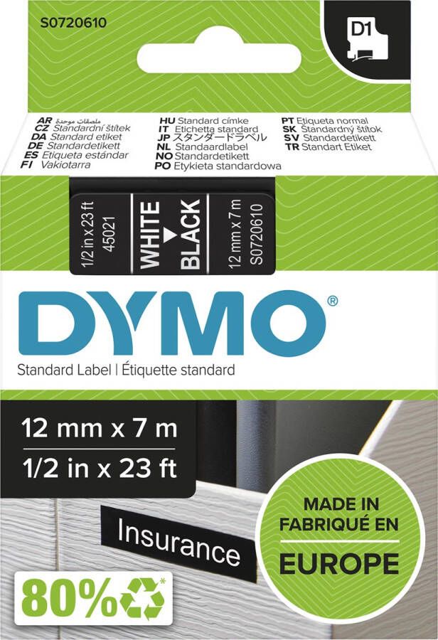 Dymo D1 tape 12 mm wit op zwart