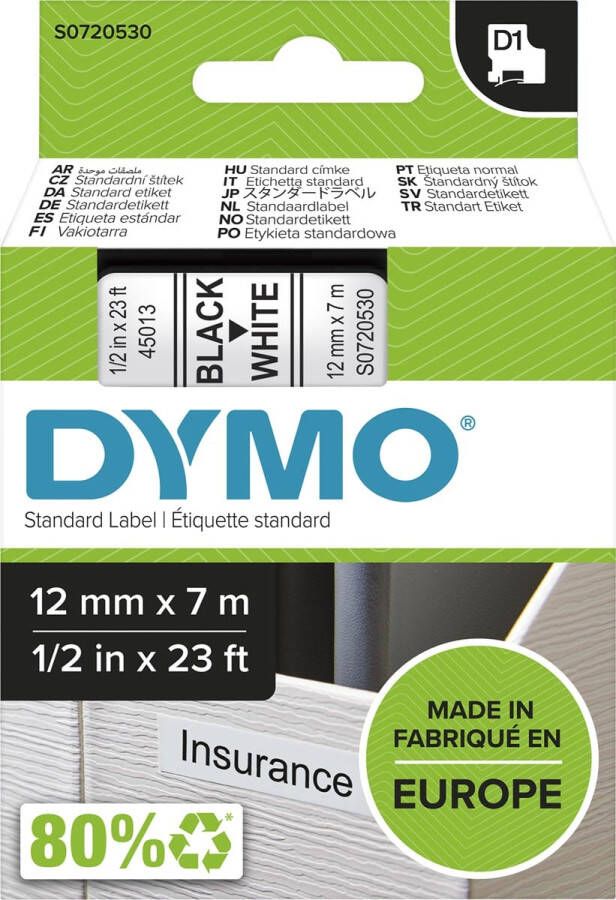 Dymo Labeltape LabelManager D1 polyester 12mmx7m zwart op wit